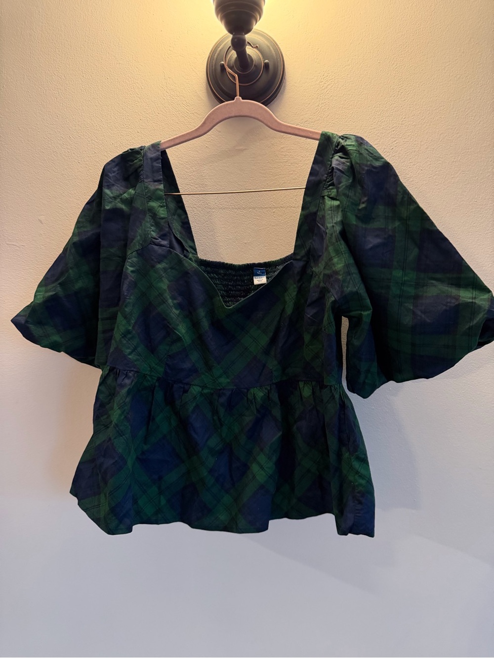 Old Navy Green and Navy Plaid Peplum Puff-Sleeve Top